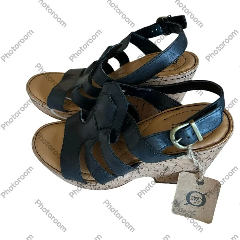 BORN Ankle Strap Sandals Wedge Cork Heels, Black, Size 10,NWT no box